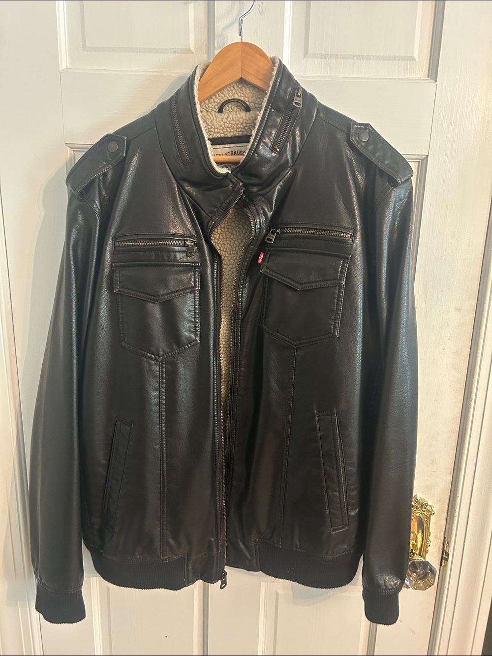 Levi's Black Faux Leather Bomber with Cream Sherpa Lining